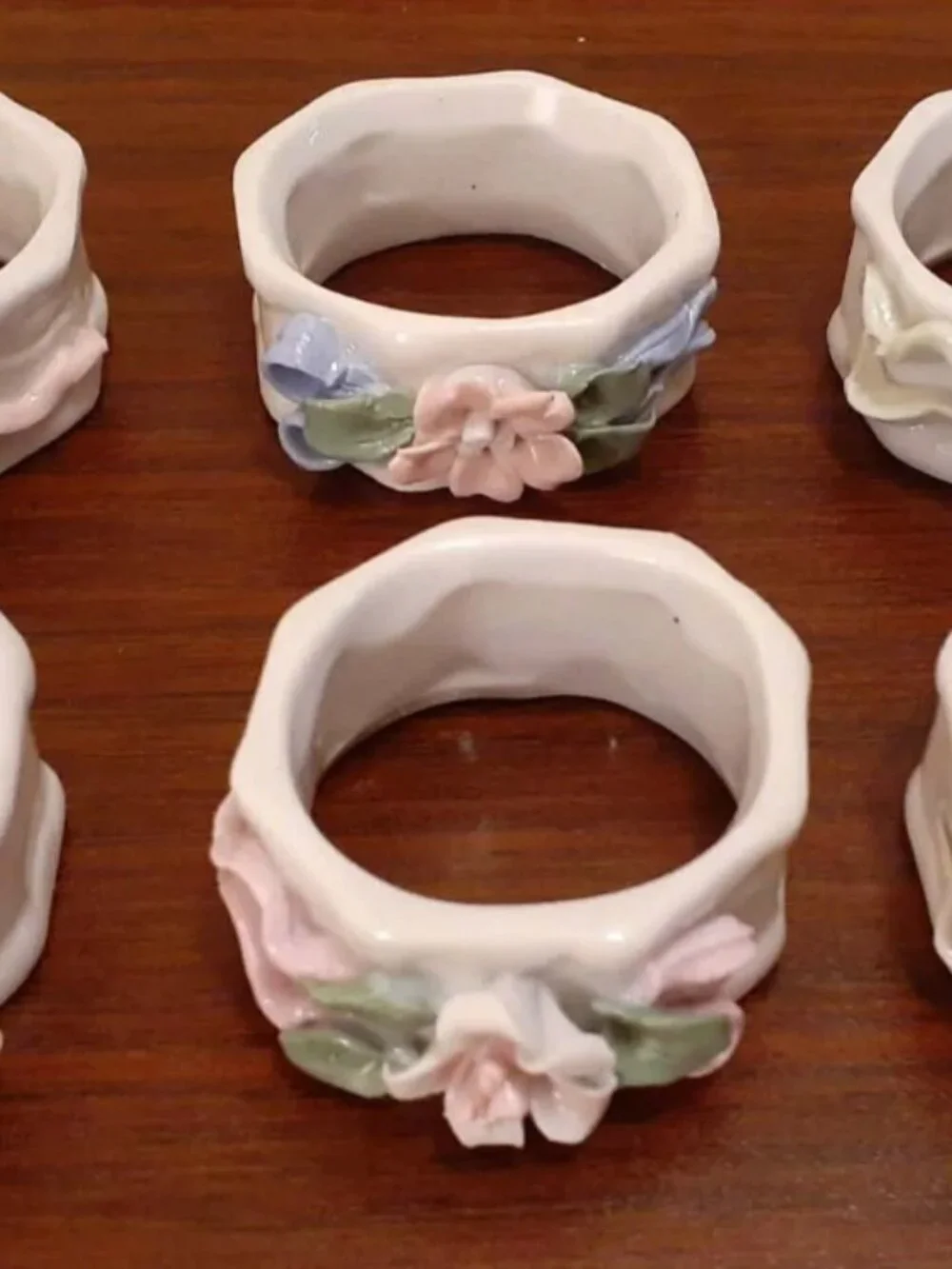 Vintage Porcelain Floral Cottage Core Napkin Rings Set of 6